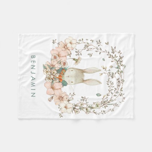 ヴィンテージキュートバニー花模様男の赤ちゃん フリースブランケット (正面(横))