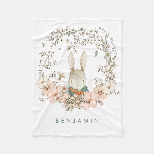 ヴィンテージキュートバニー花模様男の赤ちゃん フリースブランケット (正面)