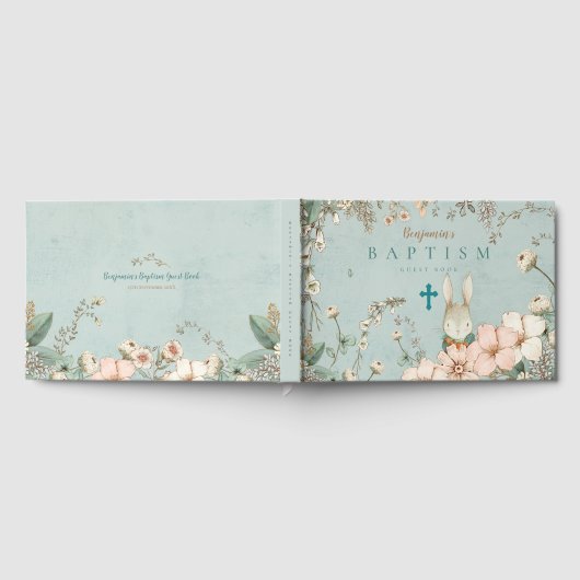 ヴィンテージキュートバニー花模様緑のベビーバプテスマ ゲストブック (全面)