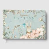 ヴィンテージキュートバニー花模様緑のベビーバプテスマ ゲストブック (正面)