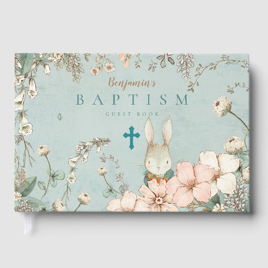 ヴィンテージキュートバニー花模様緑のベビーバプテスマ ゲストブック (正面)