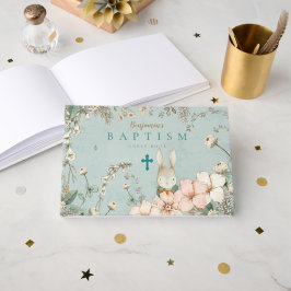 ヴィンテージキュートバニー花模様緑のベビーバプテスマ ゲストブック