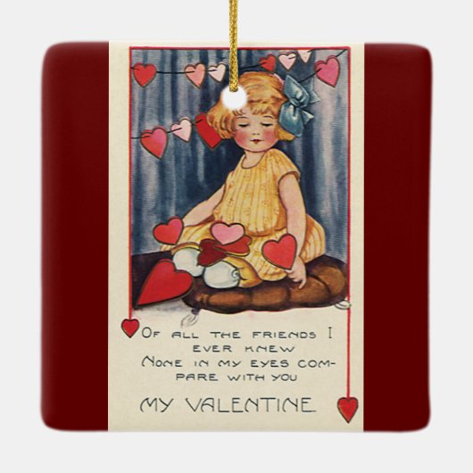 ヴィンテージキュートバレンタインデー 赤いハートの少女 セラミックオーナメント (裏面)