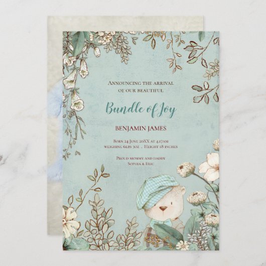 ヴィンテージキュートベアーフォトボタニカルベビー誕生 案内状 (正面/裏面)