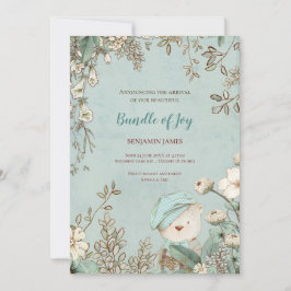 ヴィンテージキュートベアーフォトボタニカルベビー誕生 案内状