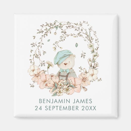 ヴィンテージキュートベアーボタニカルネームデイト誕生ボーイ マグネット (正面)