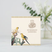 ヴィンテージキュート黄色のパロットイスラム結婚教徒 招待状 (スタンド正面)