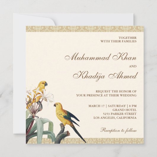 ヴィンテージキュート黄色のパロットイスラム結婚教徒 招待状 (裏面)