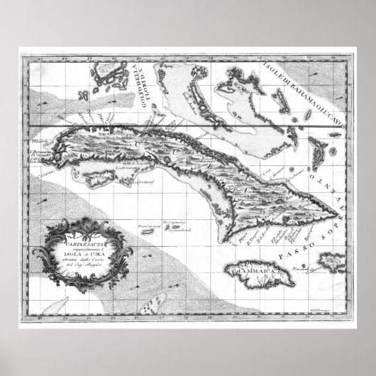 ヴィンテージキューバとジャマイカの地図(1763年) BW ポスター (正面)
