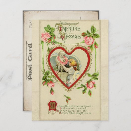ヴィンテージキューピッドとハートのバレンタインポストカード シーズンポストカード (正面/裏面)