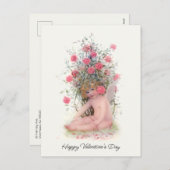 ヴィンテージキューピッドとピンクローズバレンタイン シーズンポストカード (正面/裏面)