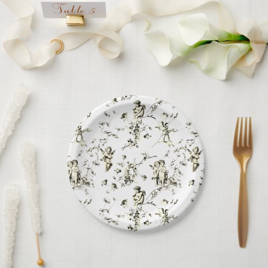 ヴィンテージキューピッドエンジェルスフローラベージュホワイトトワール ペーパープレート (ウェディング)