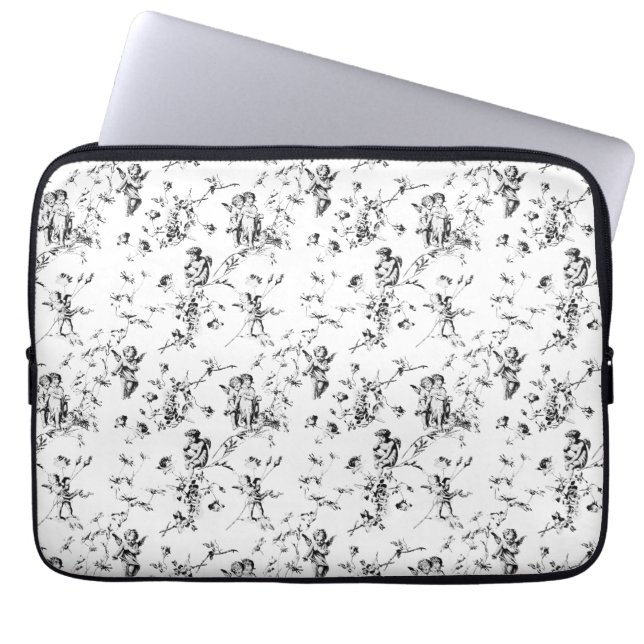 ヴィンテージキューピッドエンジェルスフローラ白黒トワール ラップトップスリーブ (正面)