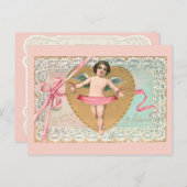 ヴィンテージキューピッド、金ゴールドハート、レース&ピンクリボン ポストカード (正面/裏面)