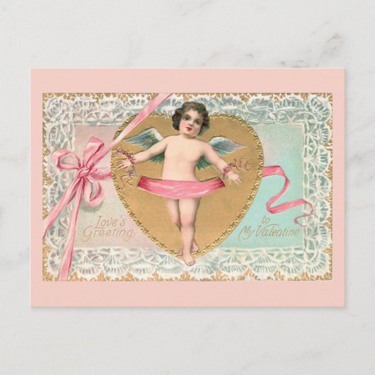 ヴィンテージキューピッド、金ゴールドハート、レース&ピンクリボン ポストカード (正面)