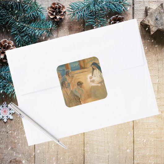 ヴィンテージキリスト教クリスマス崇拝羊飼い スクエアシール