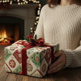 ヴィンテージキルトクリスマスパターン ラッピングペーパー