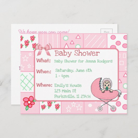 ヴィンテージキルトピンクガールズベビーシャワー招待状 インビテーションポストカード (正面/裏面)