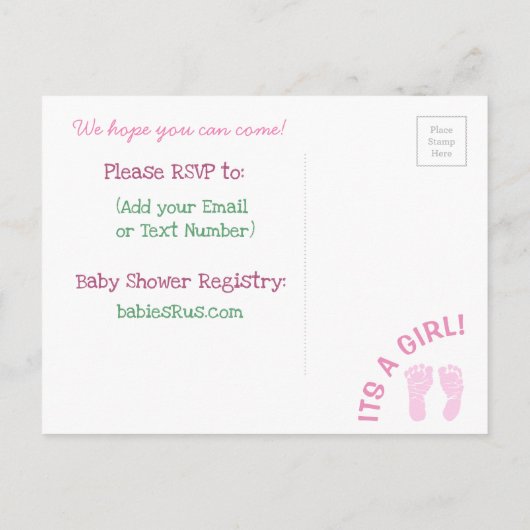 ヴィンテージキルトピンクガールズベビーシャワー招待状 インビテーションポストカード (裏面)