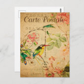 ヴィンテージキングフィッシャー鳥フローラフフランスのラワー ポストカード (正面/裏面)