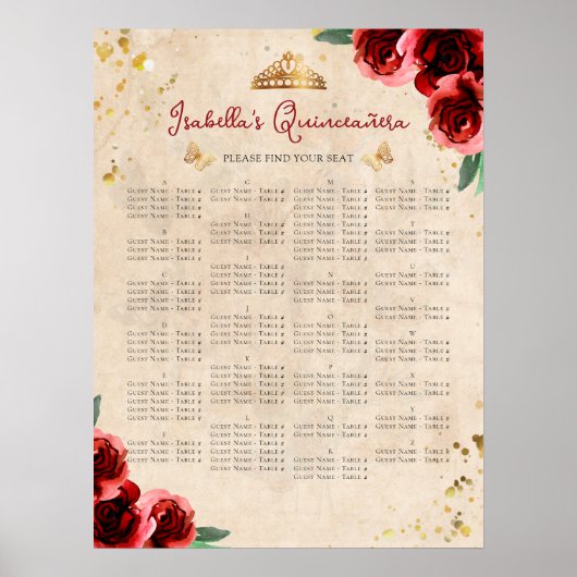 ヴィンテージキンセニェラのアルファベット順の座席表 ポスター (正面)