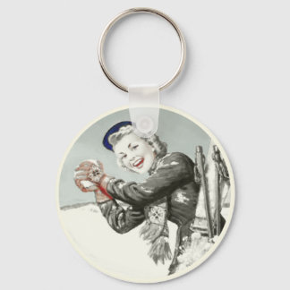 ヴィンテージキーチェーンウィズウィンターバケーションプリント キーホルダー