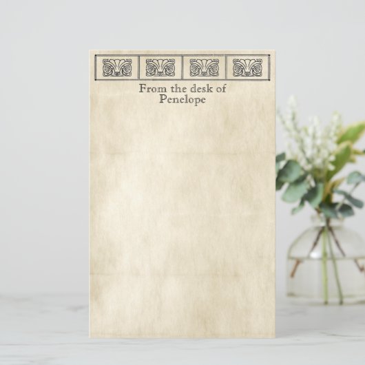 ヴィンテージギリシャ縁どの花の羊皮紙 便箋 (スタンド正面)