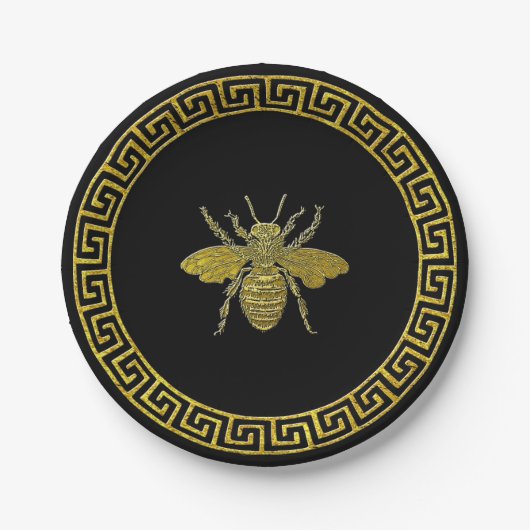 ヴィンテージギリシャ鍵とハチの金ゴールドルック ペーパープレート (正面)