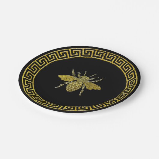 ヴィンテージギリシャ鍵とハチの金ゴールドルック ペーパープレート (アングル)
