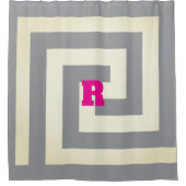 ヴィンテージギリシャ鍵モノグラムホットピンクグレーパターン シャワーカーテン (正面)