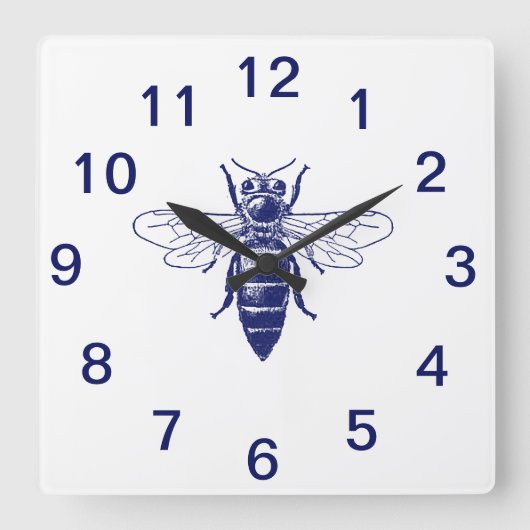 ヴィンテージクイーンビースケッチインブルー スクエア壁時計 (正面)
