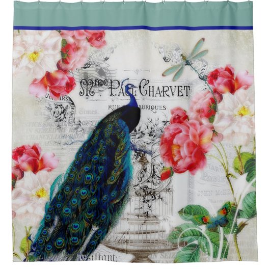 ヴィンテージクジャクとバラシャワーカーテン シャワーカーテン (正面)