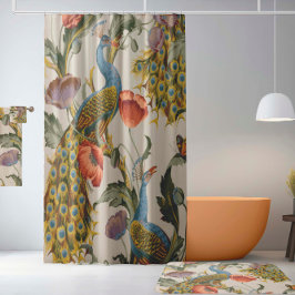ヴィンテージクジャクとピンクと紫のケシ シャワーカーテン