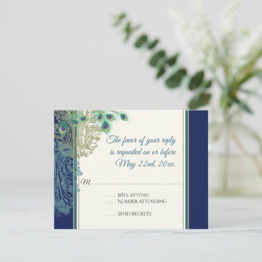 ヴィンテージクジャクの羽根 ネイビーブルー 出欠返信 出欠カード (スタンド正面)