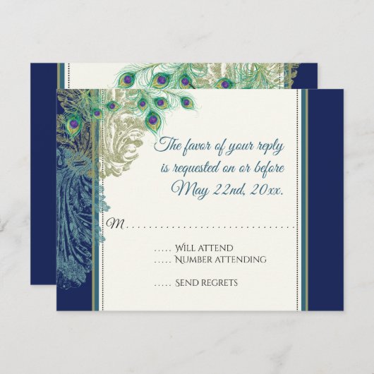 ヴィンテージクジャクの羽根 ネイビーブルー 出欠返信 出欠カード (正面/裏面)