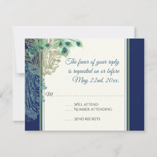 ヴィンテージクジャクの羽根 ネイビーブルー RSVP 返信 (正面)