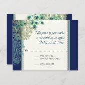 ヴィンテージクジャクの羽根 ネイビーブルー RSVP 返信 (正面/裏面)