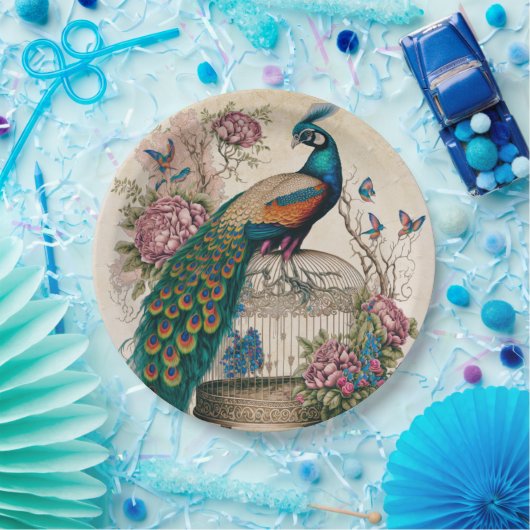 ヴィンテージクジャクの鳥かごビクトリアン ペーパープレート (パーティー)