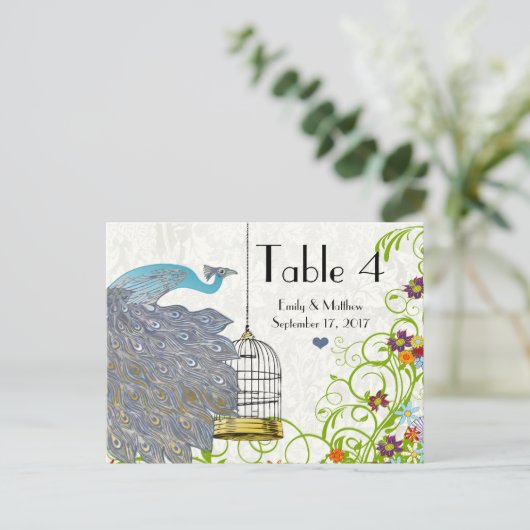 ヴィンテージクジャク&バードケ結婚ージのナンバーカード ポストカード (スタンド正面)