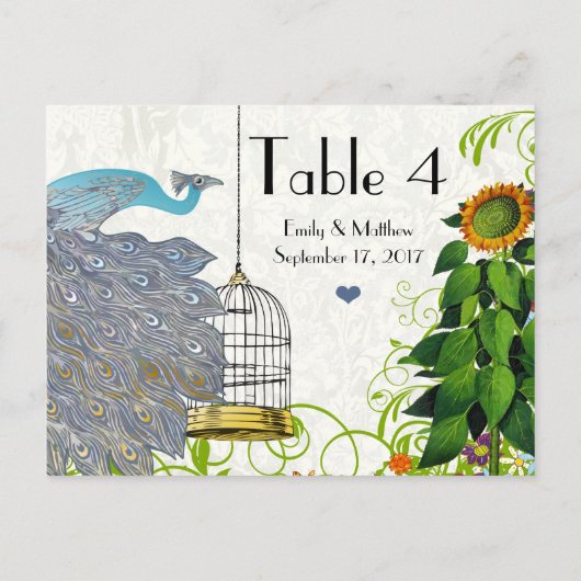 ヴィンテージクジャク&バードケ結婚ージのナンバーカード ポストカード (裏面)