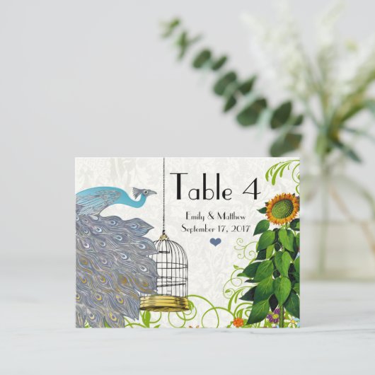 ヴィンテージクジャク&バードケ結婚ージのナンバーカード ポストカード (スタンド正面)