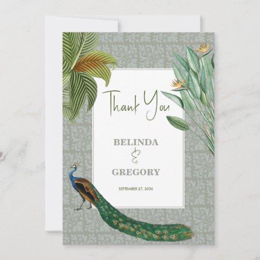 ヴィンテージクジャックフェザー熱帯緑結婚園 サンキューカード (正面)