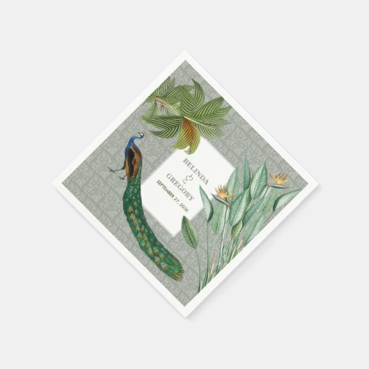 ヴィンテージクジャックフェザー熱帯緑結婚園 スタンダードカクテルナプキン (角)