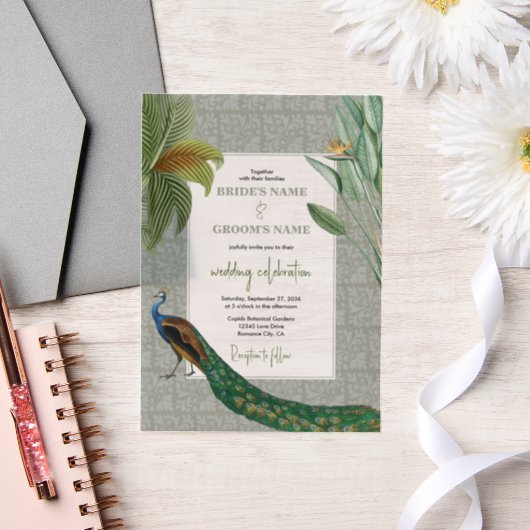 ヴィンテージクジャックフェザー熱帯緑結婚園 ベラム紙招待状 (ウェディング)