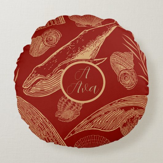 ヴィンテージクジラ子供部屋レッド ラウンドクッション (正面)