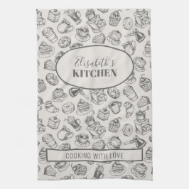 ヴィンテージクッキーパターンのオーダーメイドネーム入り キッチンタオル