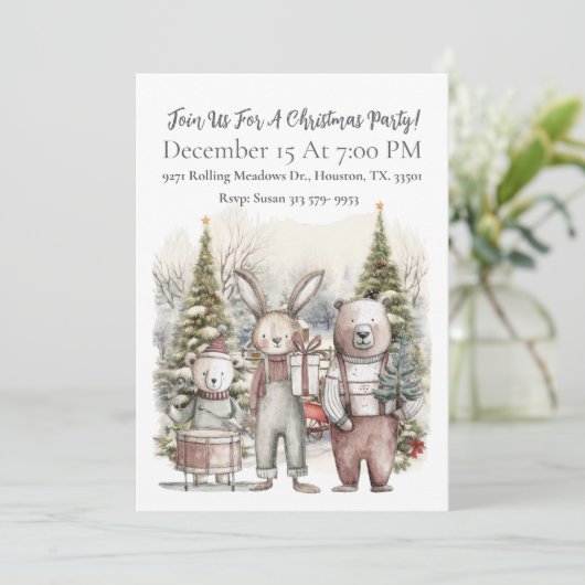ヴィンテージクマとウサギのクリスマスパーティー 招待状 (スタンド正面)