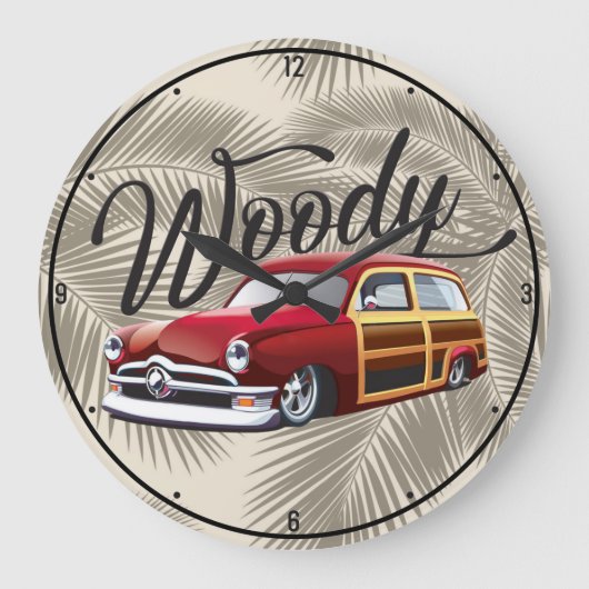 ヴィンテージクラシックウッディサーフワゴンビーチ改造車 ラージ壁時計 (正面)