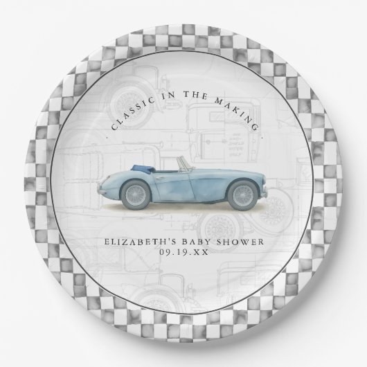 ヴィンテージクラシックカーのベビーシャワー ペーパープレート (正面)