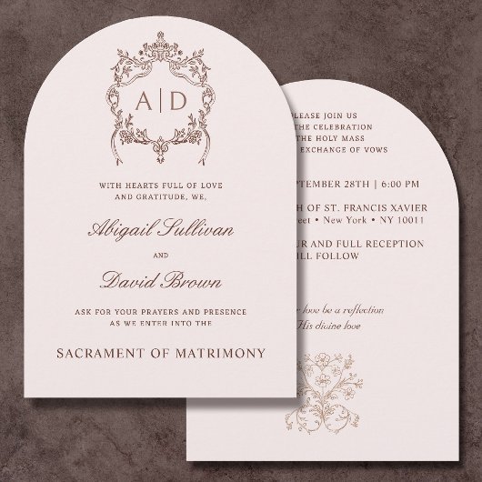 ヴィンテージクラシッククレストカトリック結婚式招待状 招待状
